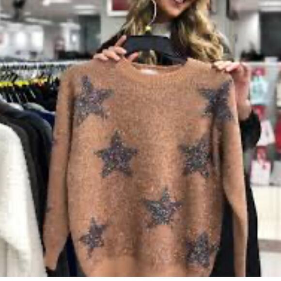 Solitaire Women’s Sweater Stars Sparkly Shimmery Tan Purple XL - Picture 1 of 9